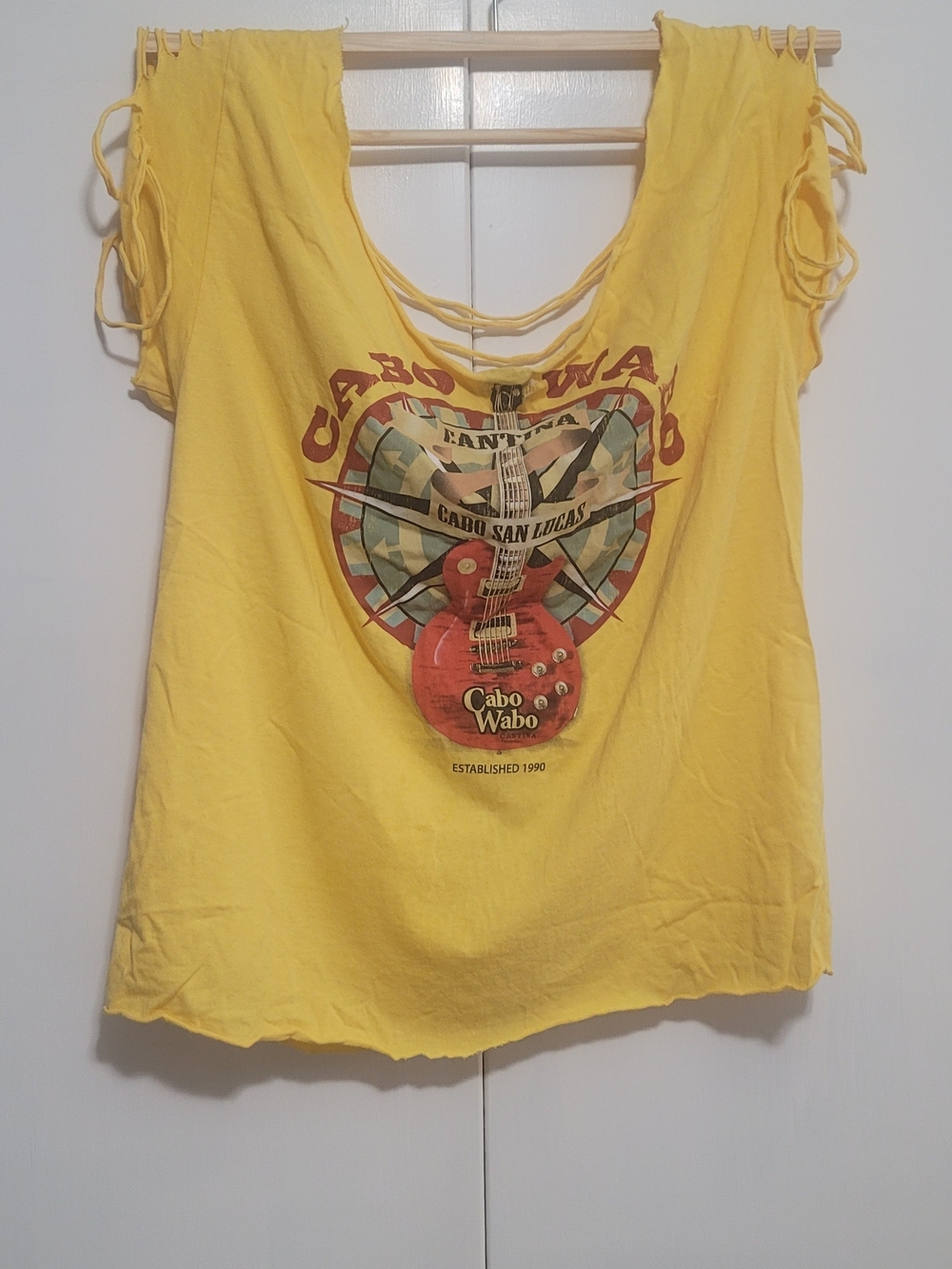 Yellow Graphic Distressed Tshirt with Shoulder Ties Cabo Wabo